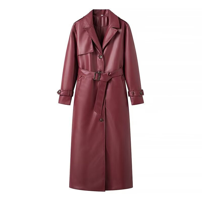 Kvinnenes elegante trenchcoat i moderne faux skinnutseende med belte i midjen Skjora