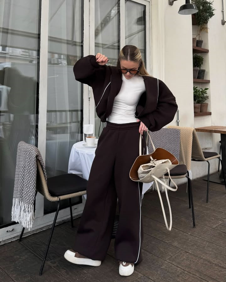 Dame sporty sett med cropped jakke og vide bukser Skjora