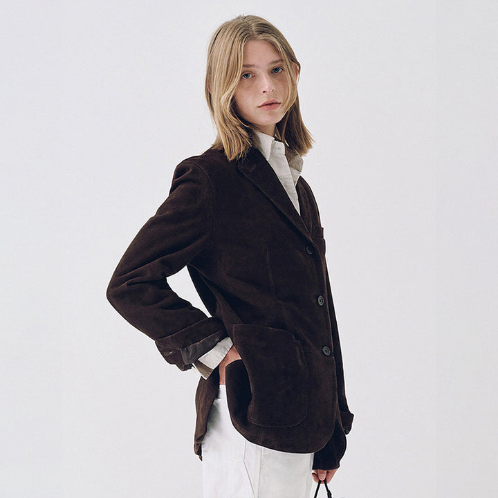 Dame Elegant Suede Blazer med Praktiske Lommer Skjora