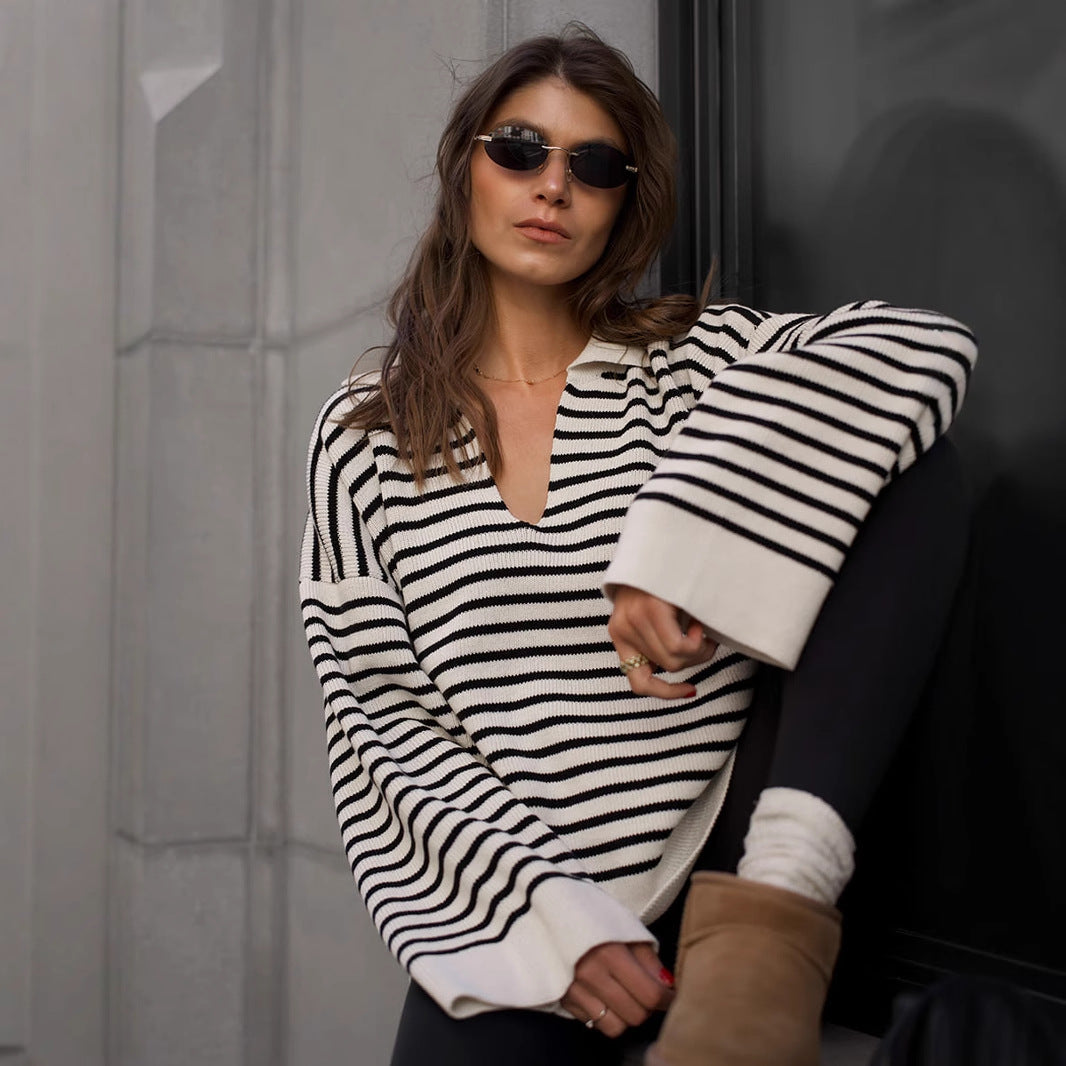 Kvinne Striped Strikkegenser med Cozy Fit Skjora