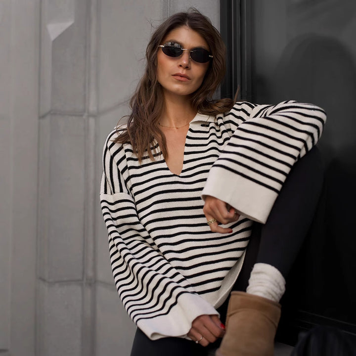 Kvinne Striped Strikkegenser med Cozy Fit Skjora