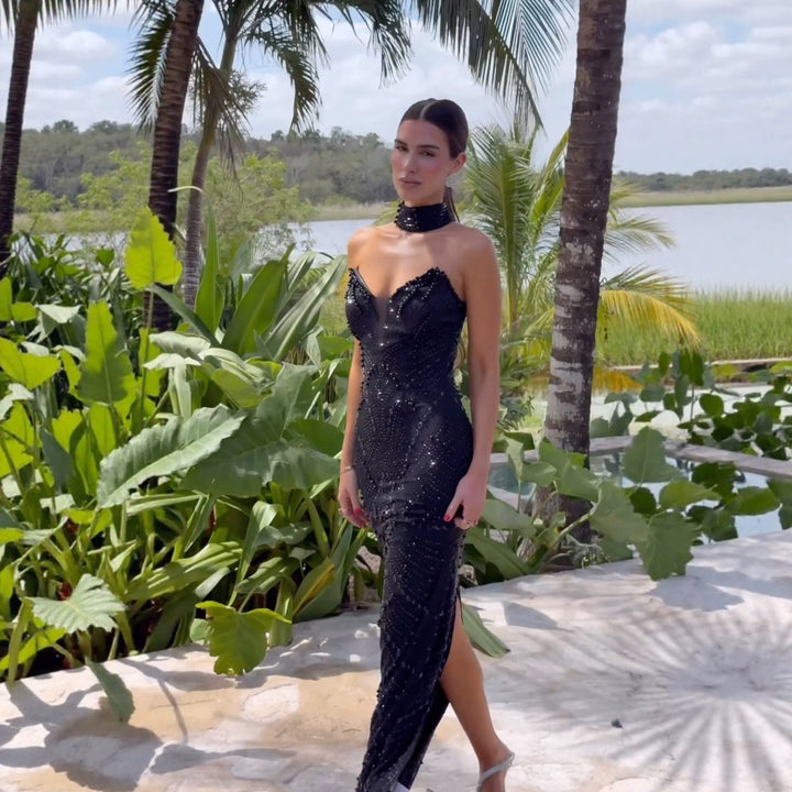 Damer Glamorous Kveldskjole med Glitrende Detaljer og Slim Fit