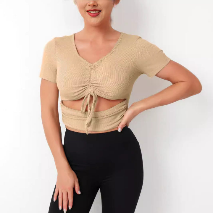 Dame Cropped Top med snøring og V-hals Skjora