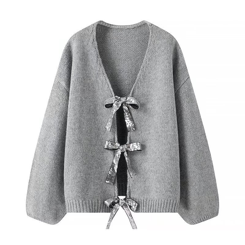 Kvinners Løs Strikket Cardigan med Elegante Sløyfedetaljer Skjora