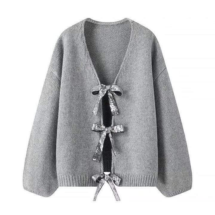 Kvinners Løs Strikket Cardigan med Elegante Sløyfedetaljer Skjora