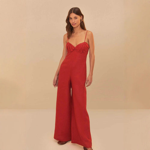 Damen Eleganter Jumpsuit mit voluminösen Rüschendetails und fließendem Schnitt Skjora
