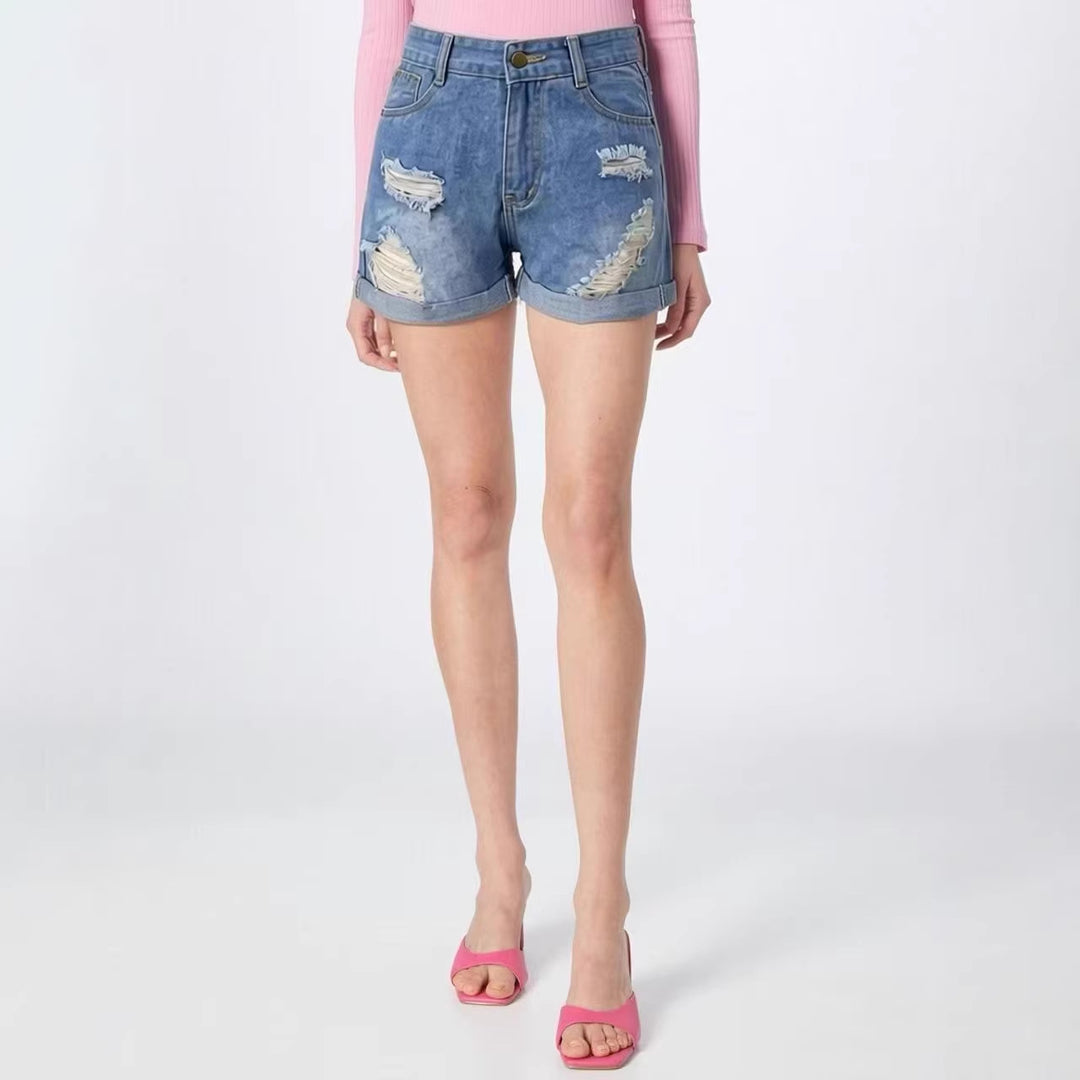 Dame Destroyed Denim-shorts med høy midje og stilige frynser-look Skjora