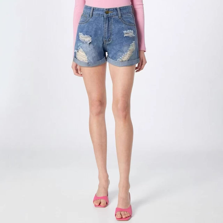 Dame Destroyed Denim-shorts med høy midje og stilige frynser-look Skjora