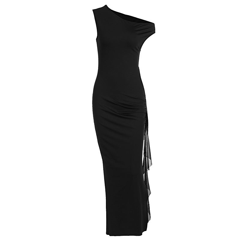 Dame elegant Off-Shoulder Maxikjole med høy splitt og figurformende snitt Skjora