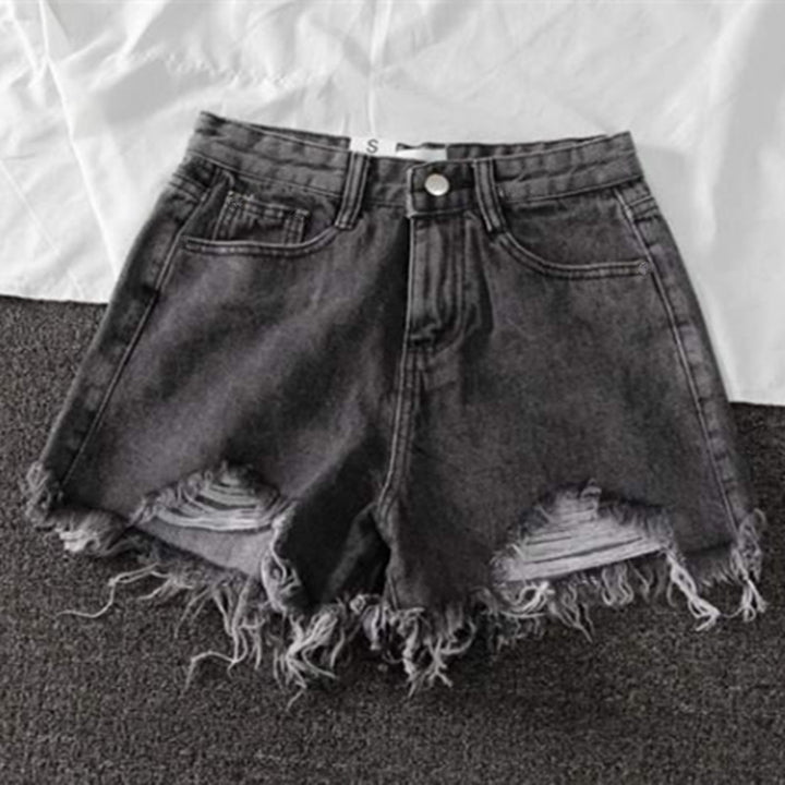 Dame Ødelagte Denim Shorts med Høy Liv og Frynset Kant