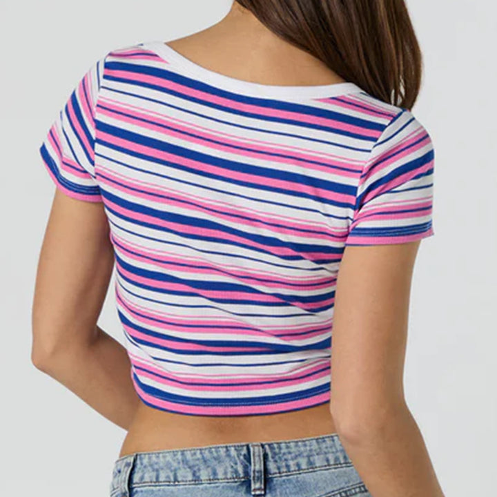 Dame cropped T-skjorte med moderne stripet design Skjora