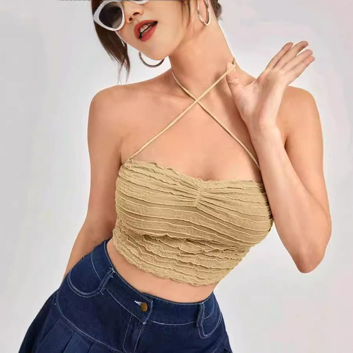 Dame Crop-Top med volangdesign og delikate stropper Skjora