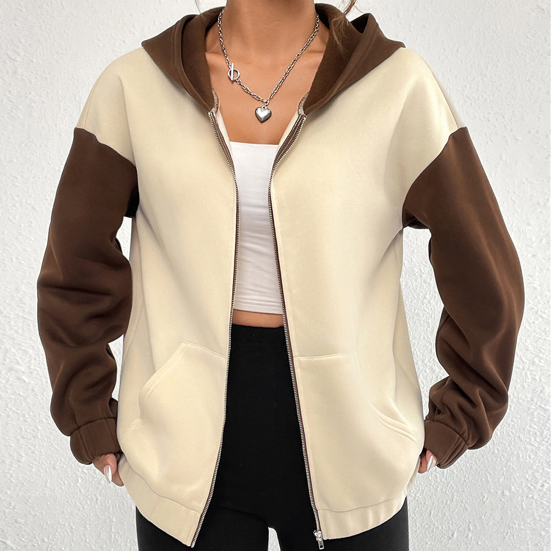 Dame casual sweatshirt jakke med kontrasterende ermer og hette Skjora