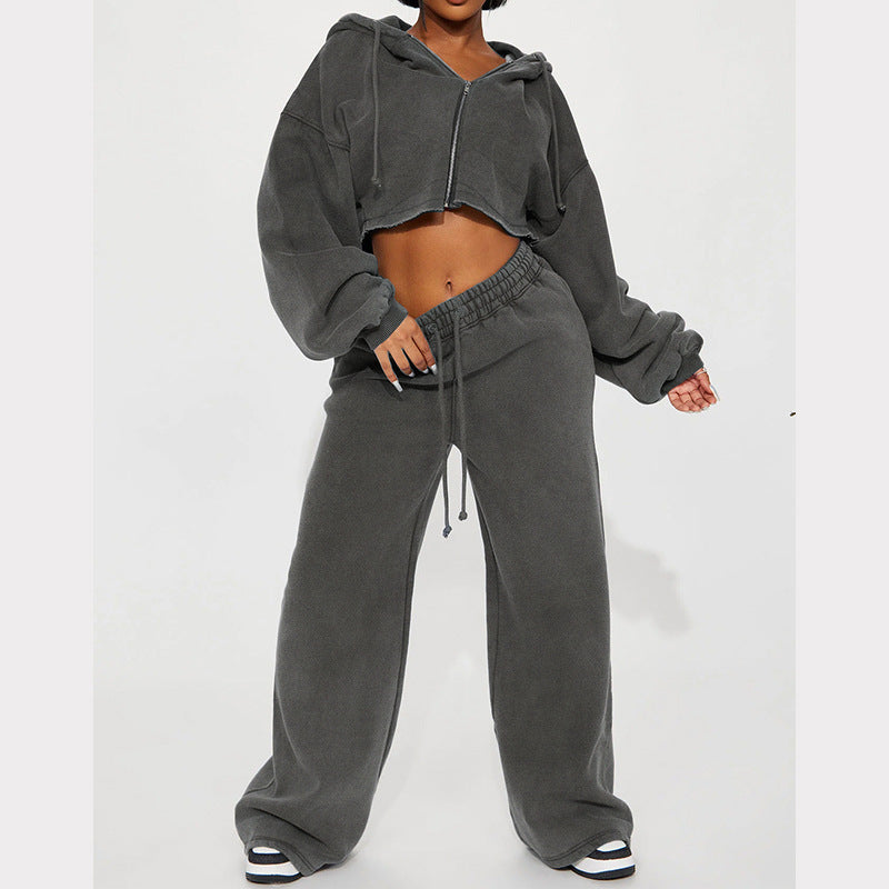 Women's Cropped Hoodie og Wide Jogging Bukser Sett Skjora