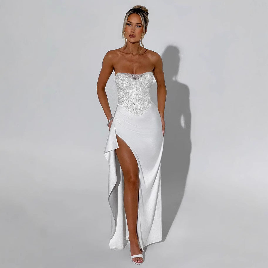 Women's High Neck Evening Gown with Sheer Bodice and Side Slits