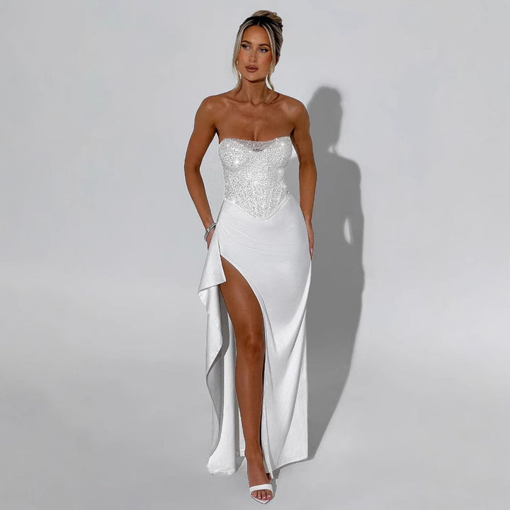 Women's High Neck Evening Gown with Sheer Bodice and Side Slits