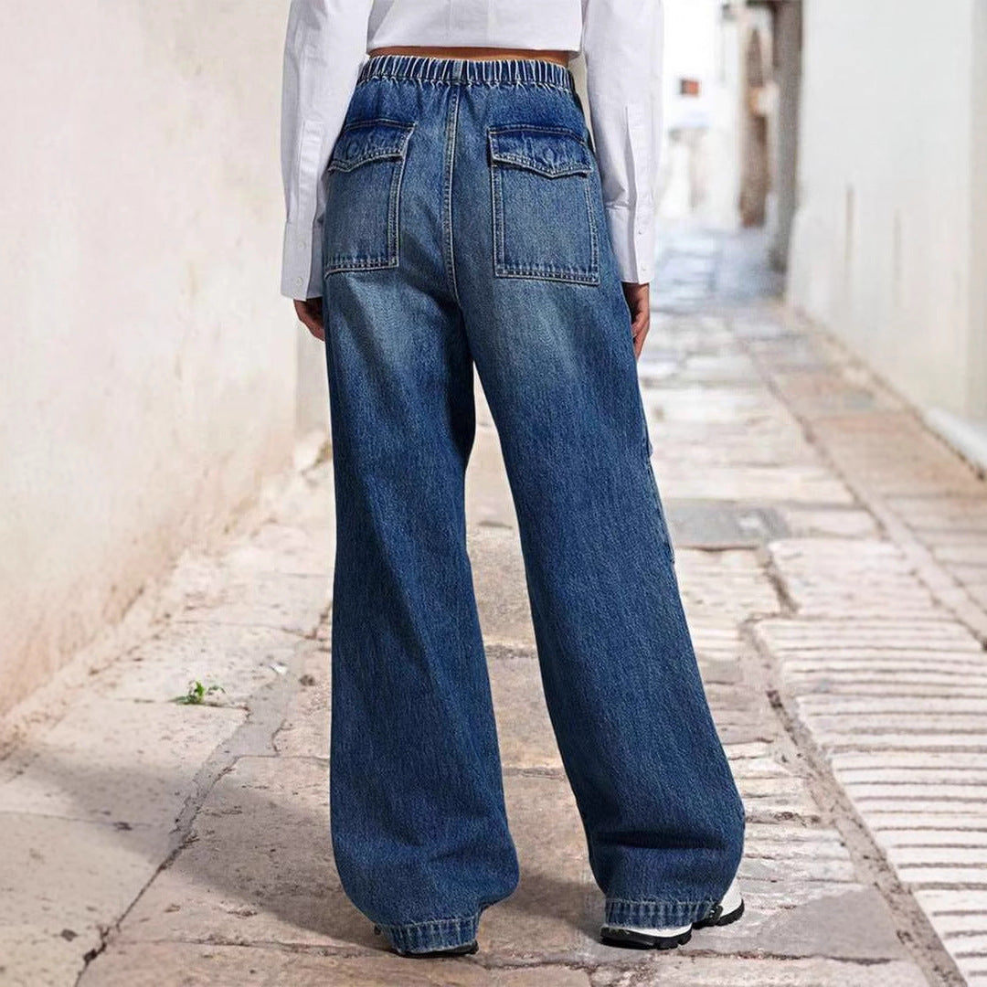 Kvinners vide denimbukser med elastisk midje og høye lommer Skjora