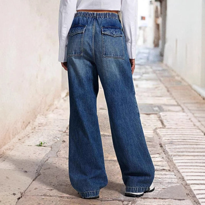 Kvinners vide denimbukser med elastisk midje og høye lommer Skjora