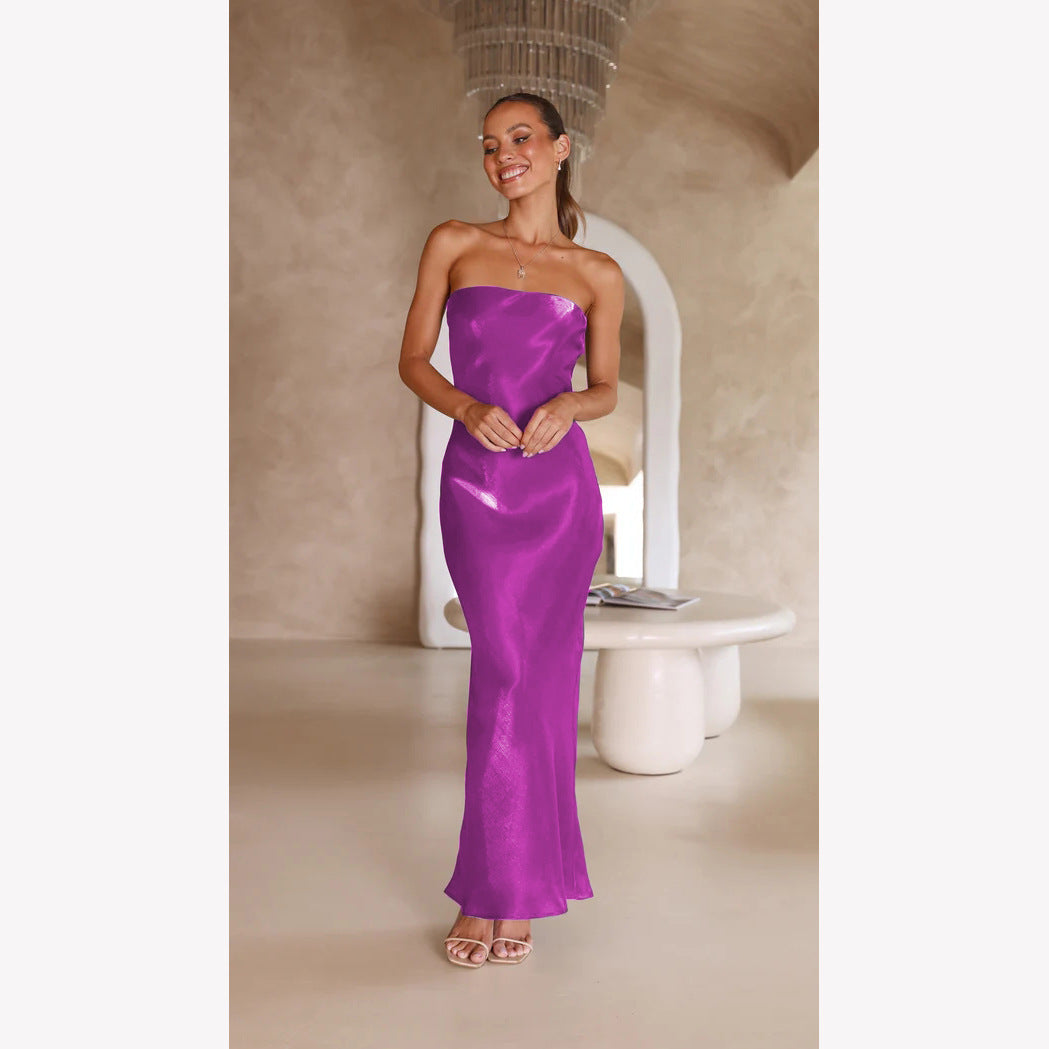 Damer Elegant Bandeau Maxi Kjole med Flytende Satin og Kroppsnær Silhuett