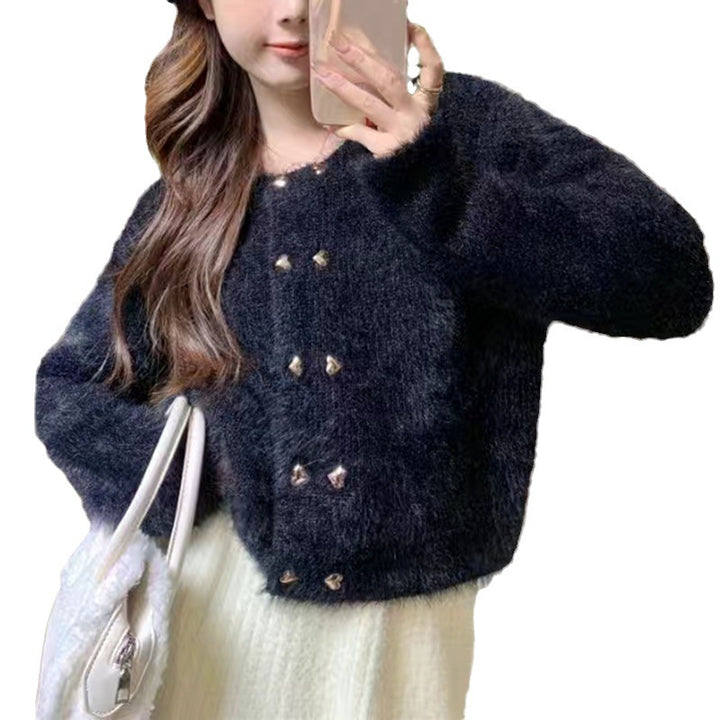 Women's Fluffy Cardigan with Golden Button Details Skjora