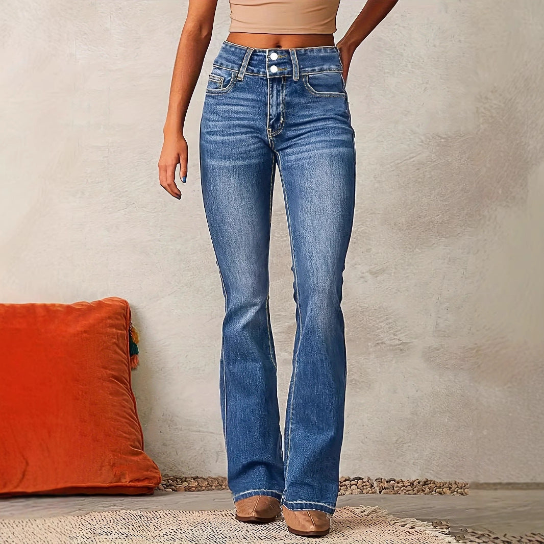 Kvinnenes høye midje flagrende jeans med dekorative knappedetaljer og figurvennlig snitt