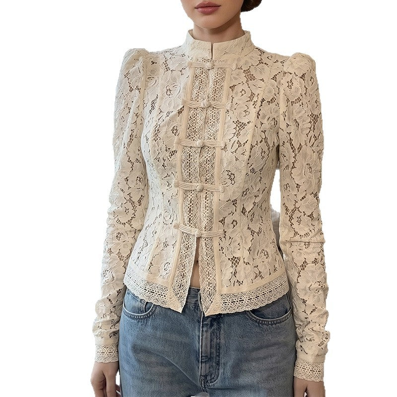 Dame spissbluse med strukturerte detaljer og elegant ståkrage Skjora