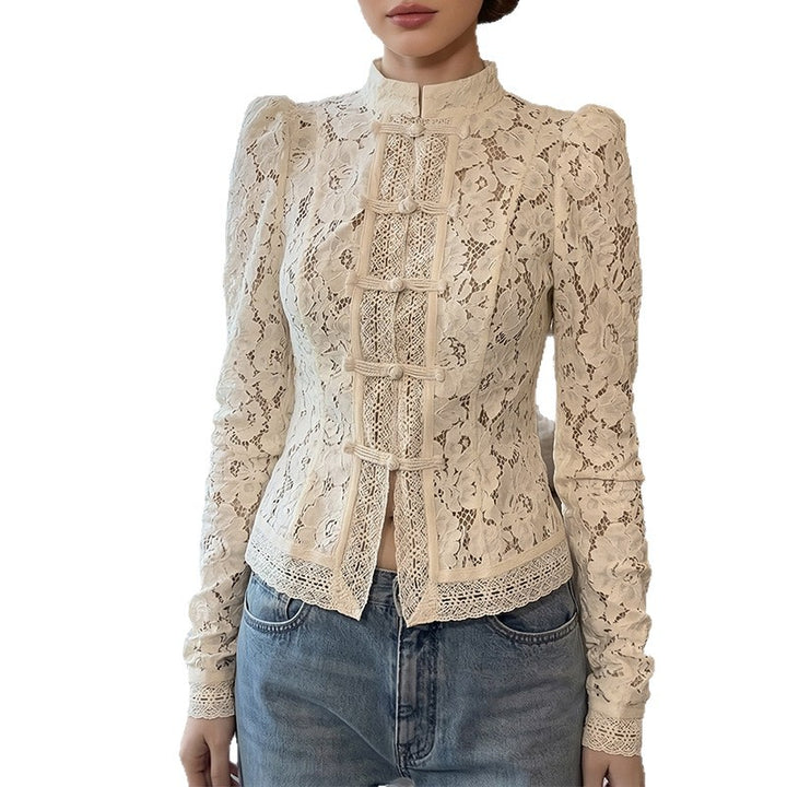 Dame spissbluse med strukturerte detaljer og elegant ståkrage Skjora