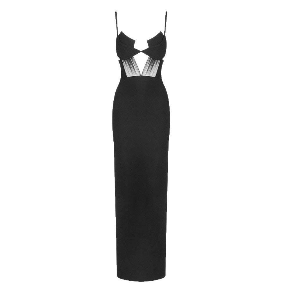 Dame elegant Cut-Out Maxikjole med dyp V-hals og transparente detaljer Skjora