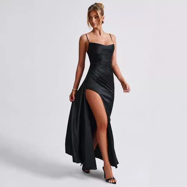 Damer Elegant Maxi Kjole med Side Splitt og Smale Spagetti Stropper