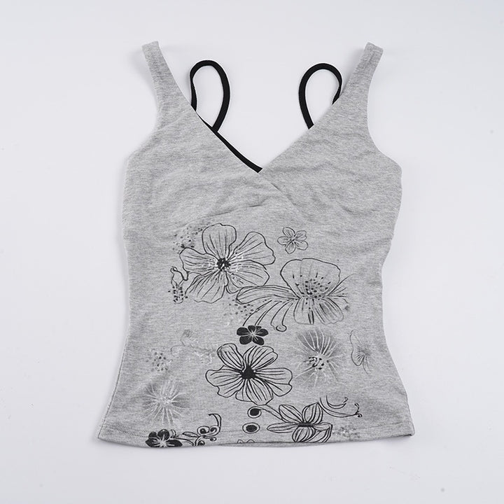 Dame Crop-Top med blomsterdesign og spaghetti-stropper Skjora