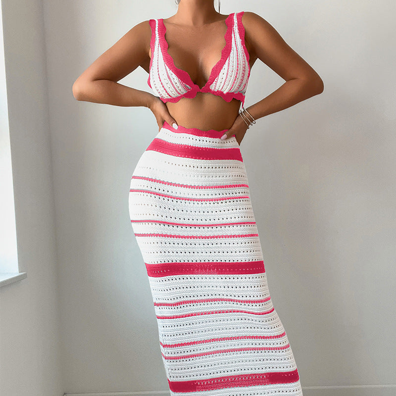 Damen Häkel-Crop-Top und Maxirock Set Skjora
