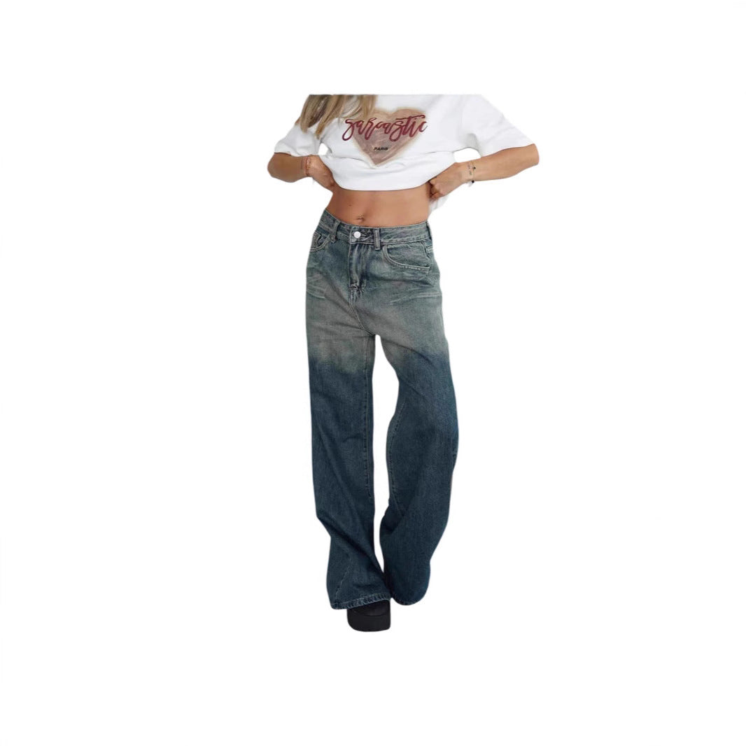 Dame løse høye midjejeans med trendy fargeforløp og vide ben Skjora