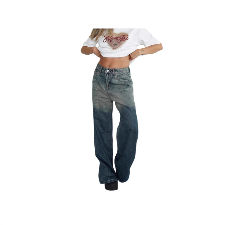 Dame løse høye midjejeans med trendy fargeforløp og vide ben Skjora