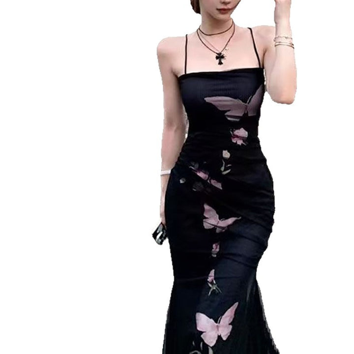 Dames elegant innhyse kjole med blomstret sommerfugl trykk og justerbare spagetti stropper