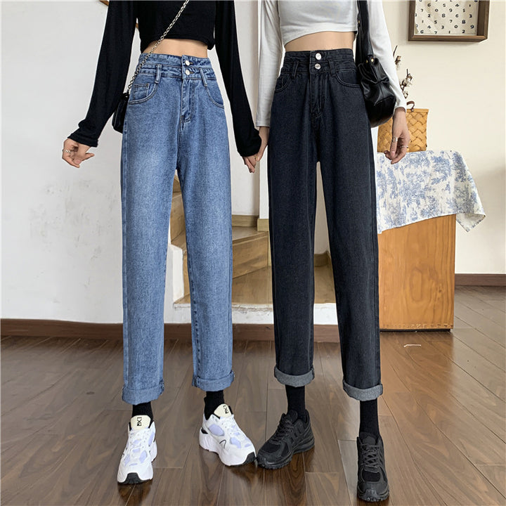 Kvinne Høy Midje Mom Jeans med Avtagbare Buner Skjora