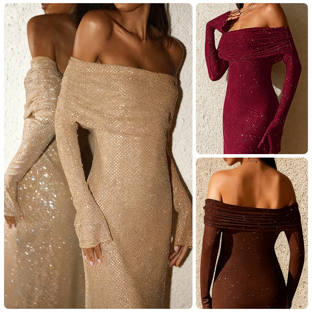 Kvinnes Elegant, Off-the-Shoulder Kveldsdrakt med Glitrende Paljettkant og Tettsittende Silhuett Skjora