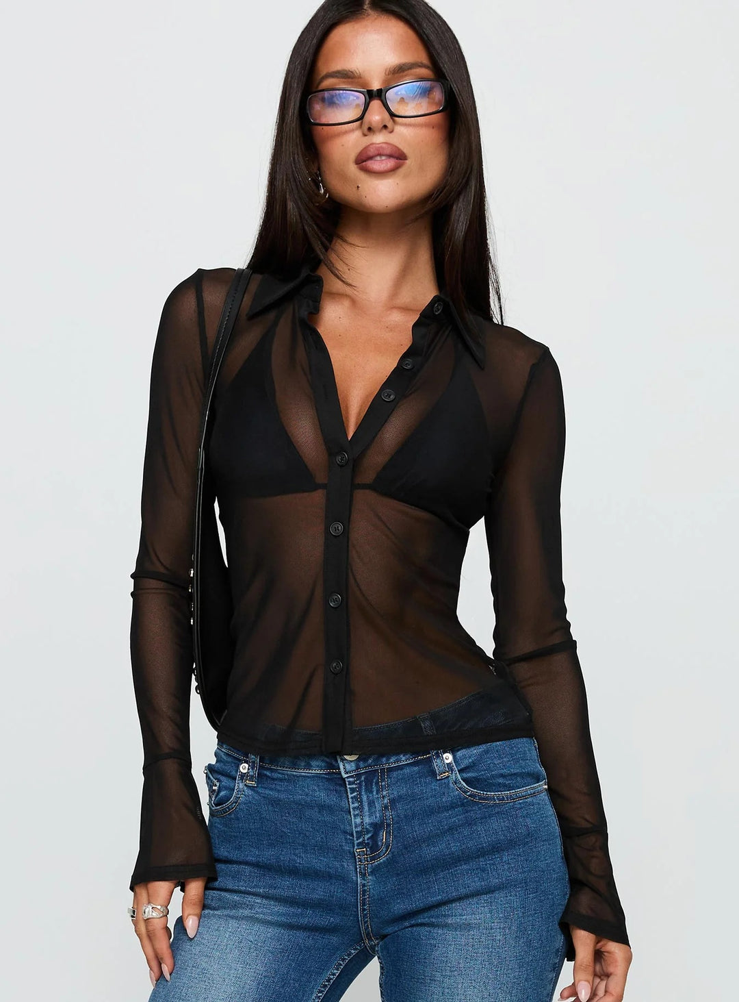 Dame Gjennomsiktig Bluse med sexy Design og fine Knapper detaljer Skjora