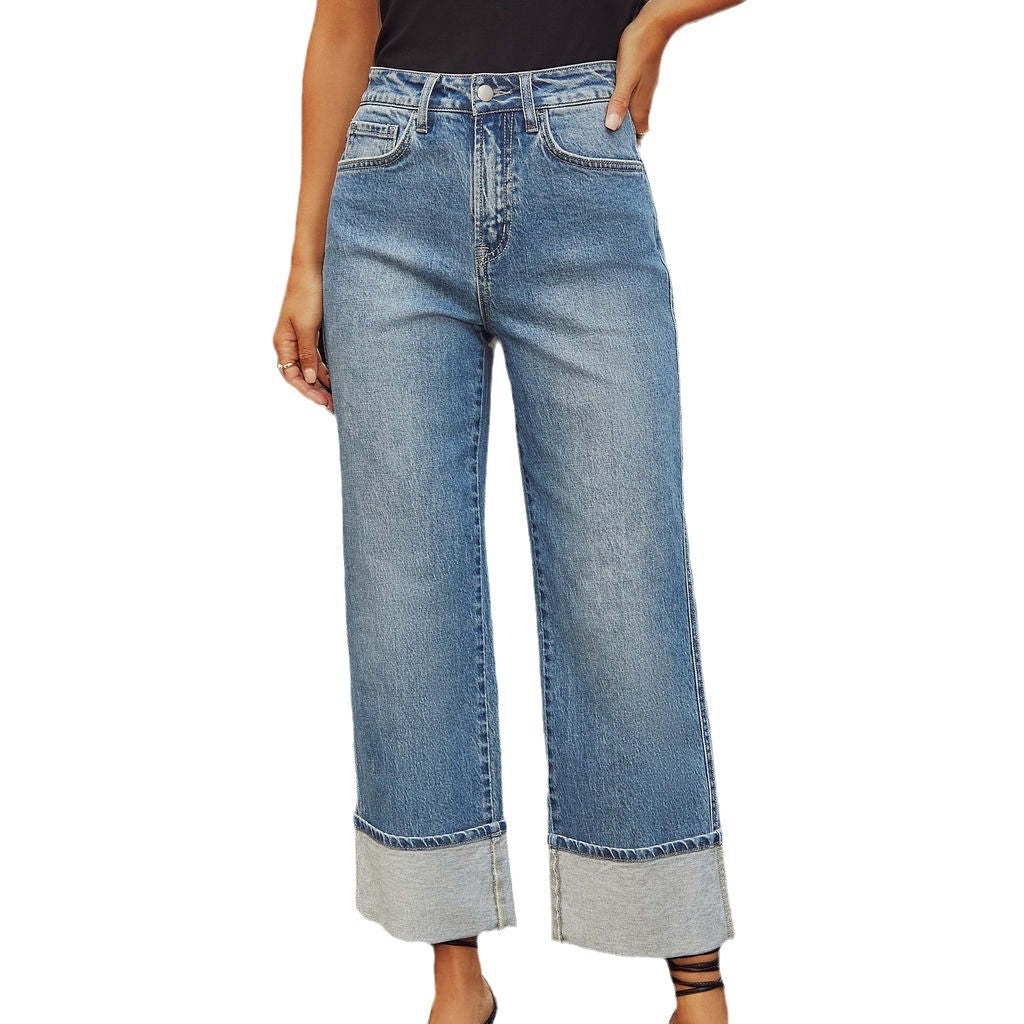 Dames brede jeans med oppbrettkant Skjora