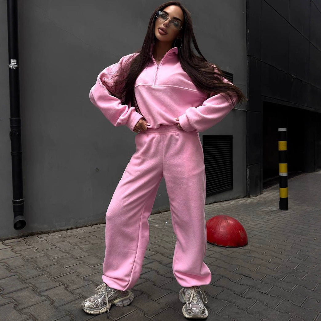 Women's Sporty Fleece Tracksuit with Stand-up Collar and Zipper Skjora