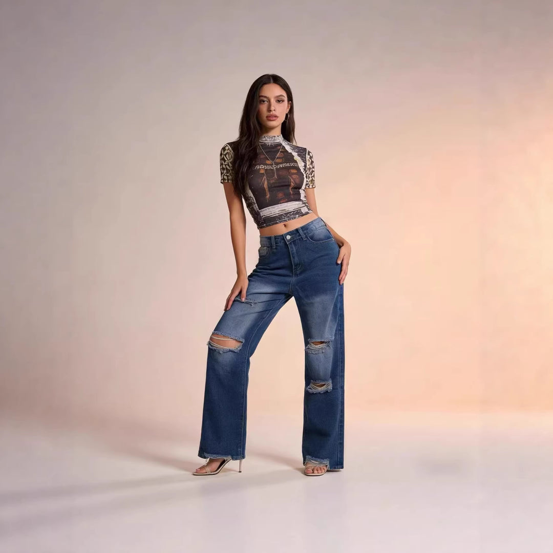 Dame løse jeans med stilige ødelagte detaljer og behagelig passform Skjora