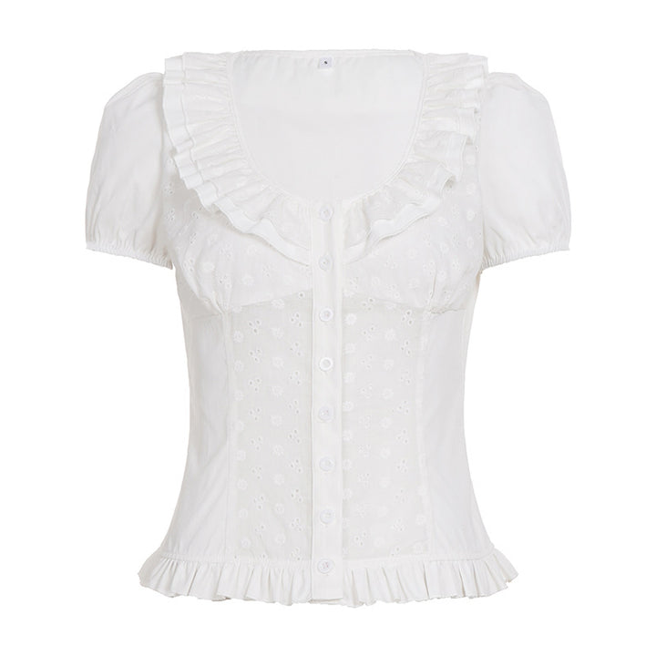 Damebluse med leken volangkant og blomsterbroderi Skjora