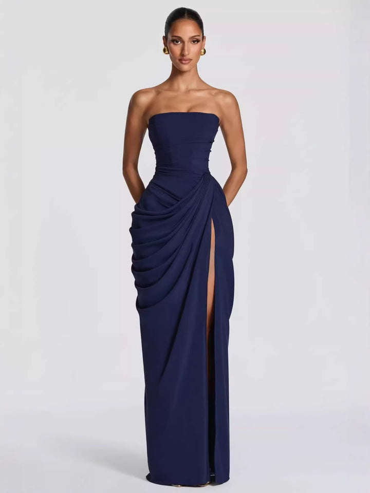 Dame Elegant Bandeau Kveldkjole med Rynker og Beinslitt Skjora
