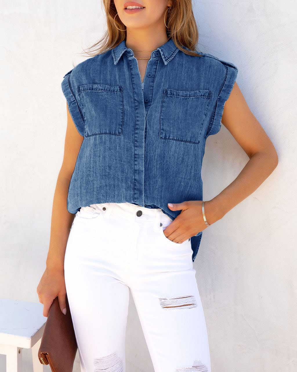 Kvinne kortermet skjorte bluse i denim-look med brystlommer Skjora