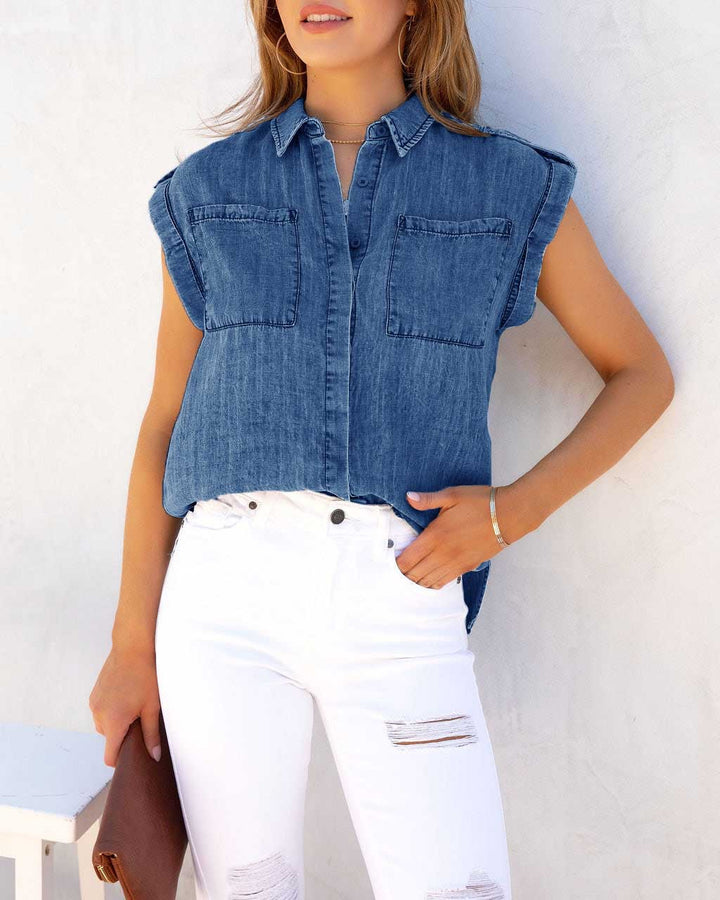 Kvinne kortermet skjorte bluse i denim-look med brystlommer Skjora
