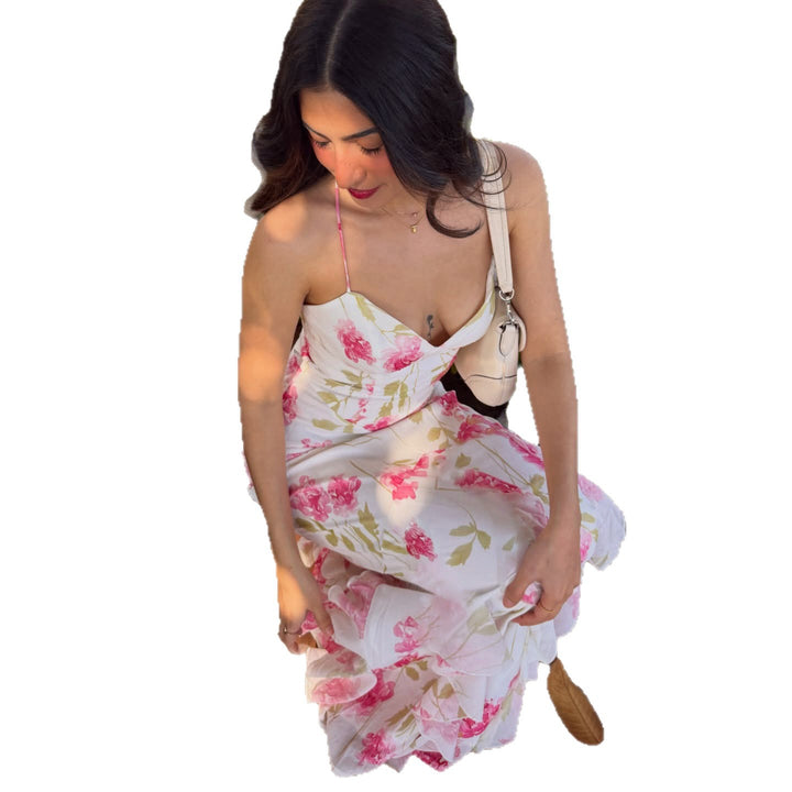 Elegant women's maxi dress with delicate floral design and spaghetti straps Skjora