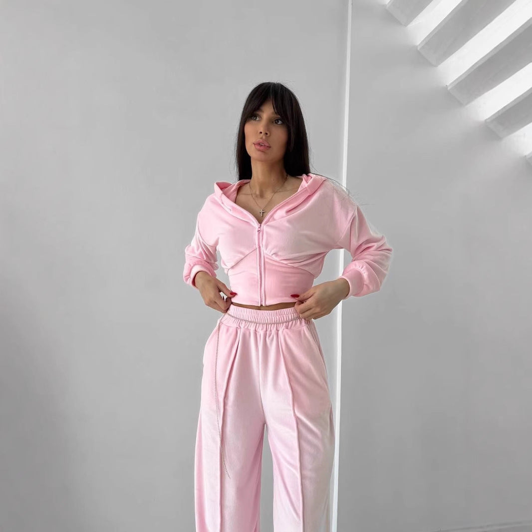 Dames sporty zip hette dress med høy midje og vide bukser Skjora