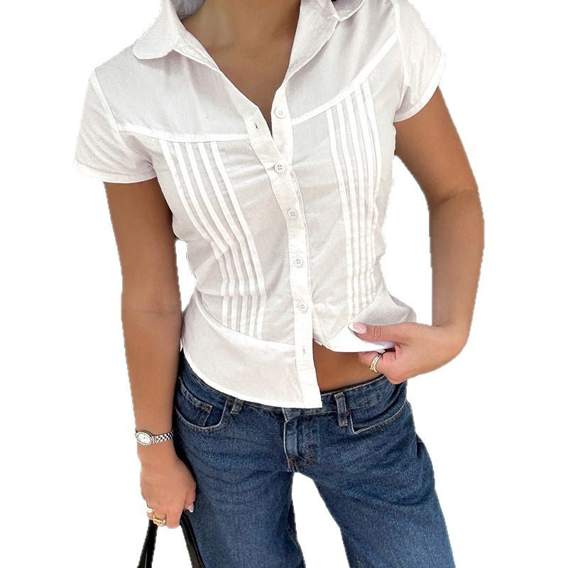 Damen kortermet skjortebluse med innsnevret snitt og elegante rynker Skjora