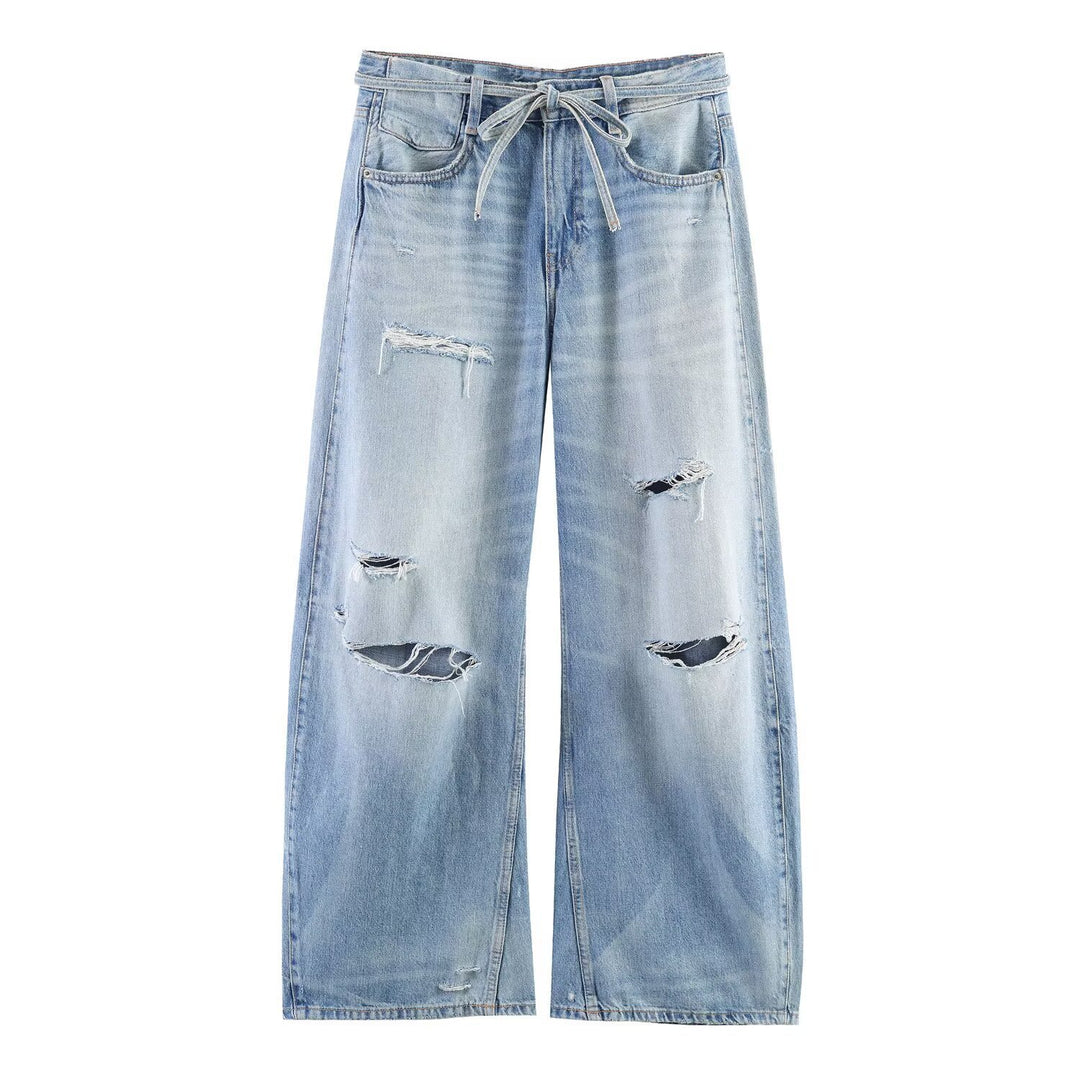 Dame brede jeans i destroyed-look med justerbar midje Skjora