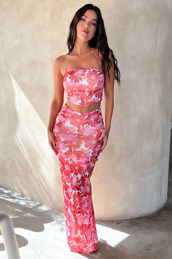Damen Elegantes Crop-Top und Maxirock-Set mit floralem Design Skjora