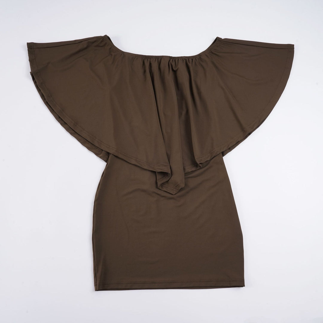 Damer elegant knelangs aviballkjole med off-shoulder design og voluminøse ermer Skjora